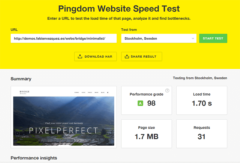 Resultados de Bridge Theme en Pingdom
